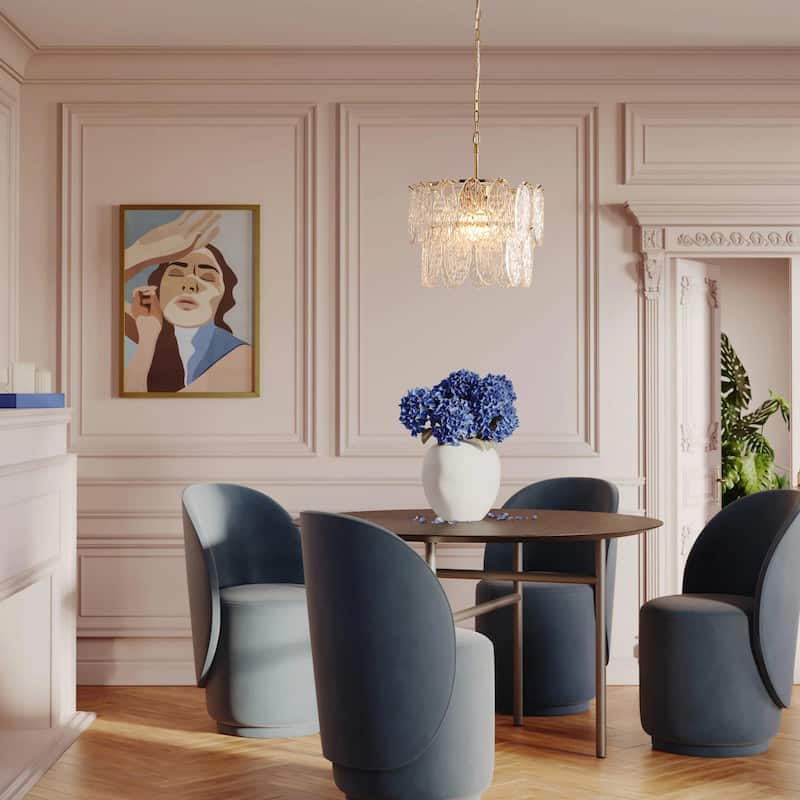 15.7" 2-Light Modern Luxury Gold Handmade Clear Textured Leaf-Shaped Glass Tiered Chandelier for Living Room, Dining Room