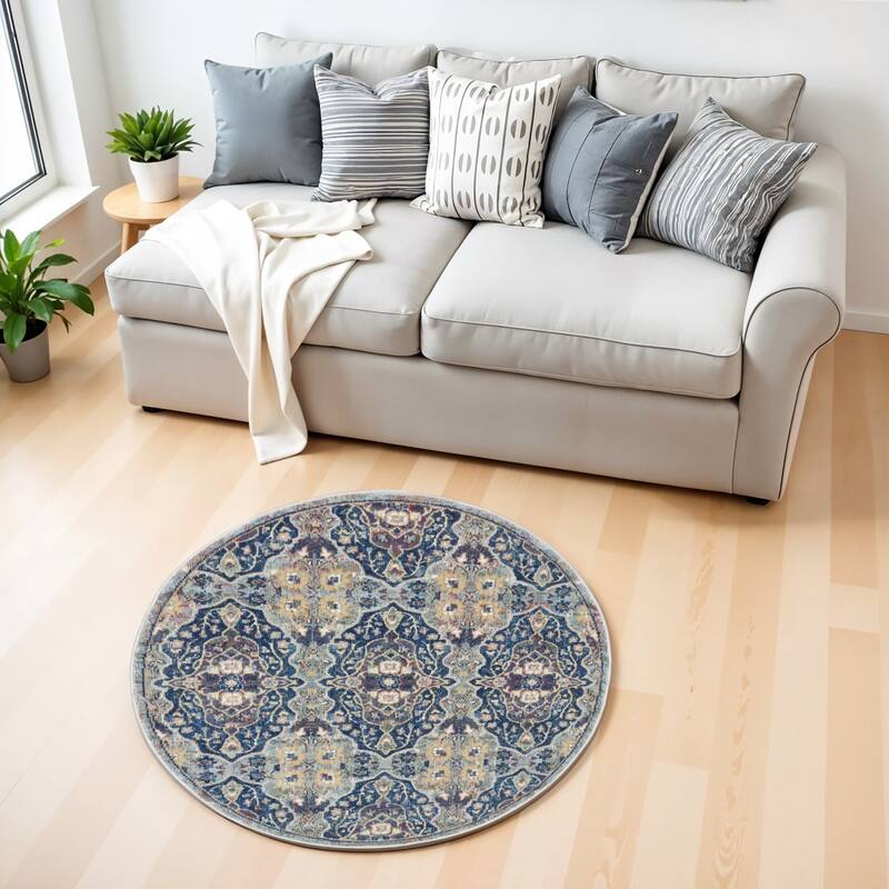Power Loomed Distressed Floral Traditional Non Skid Area Rug - 48' X '48' X '0.5 - Oxford Blue - Round