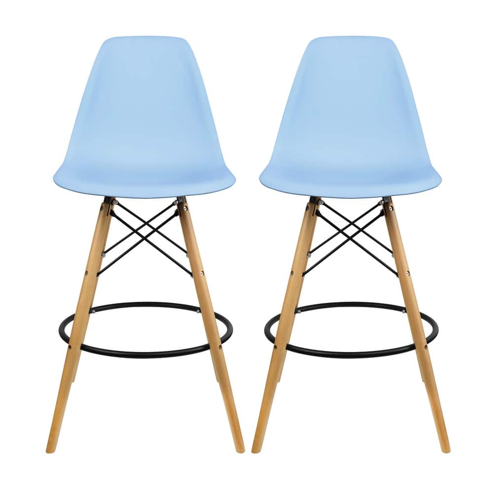Set of 2 Modern 28" Color Seat Height DSW Molded Armless Plastic Counter Bar Stool Natural Wood Eiffel Dowel Legs Kitchen