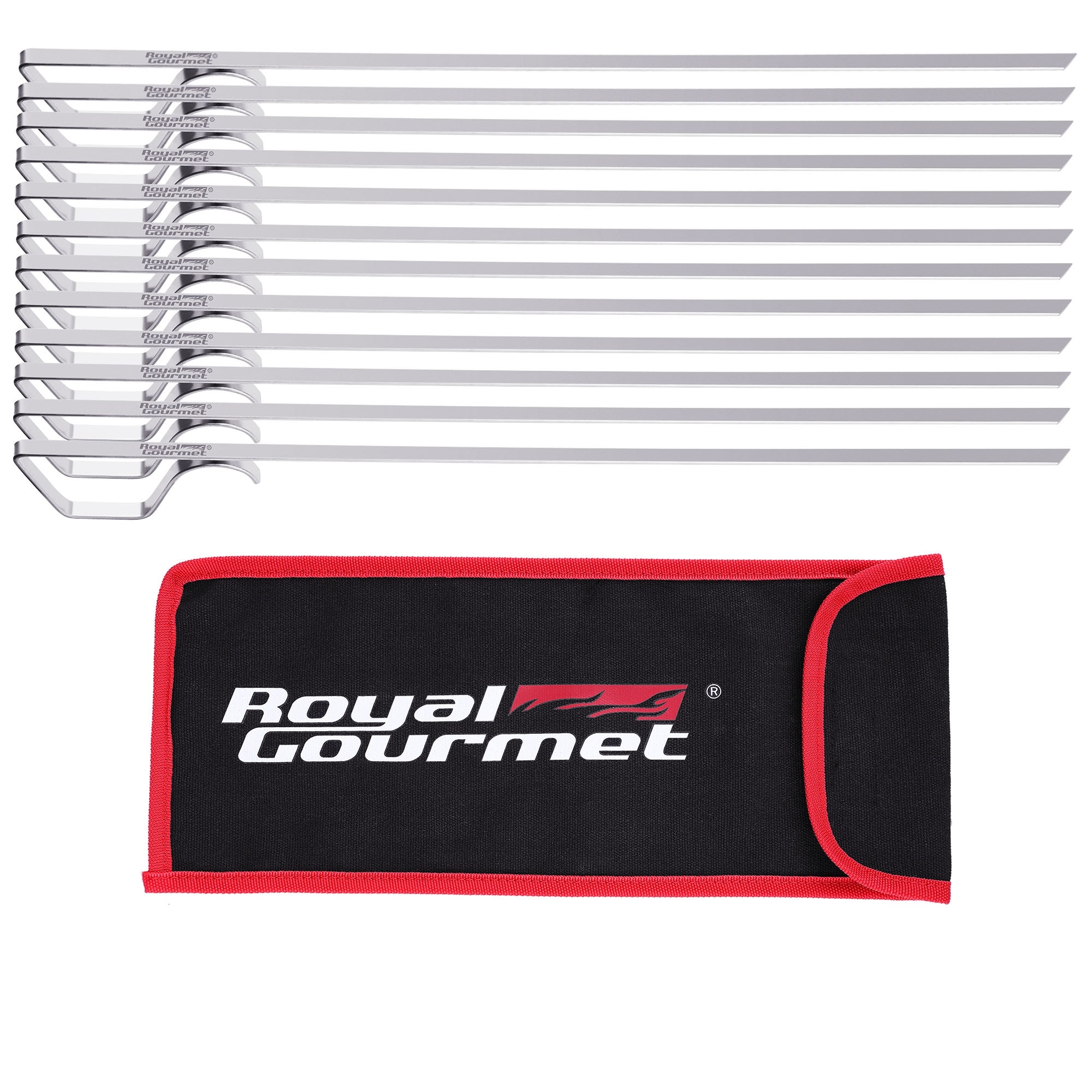 Royal Gourmet TS1601 13In Stainless Steel Reusable Kebab Skewers (Set of 12) for Grilling, with Storage Pouch, Silver