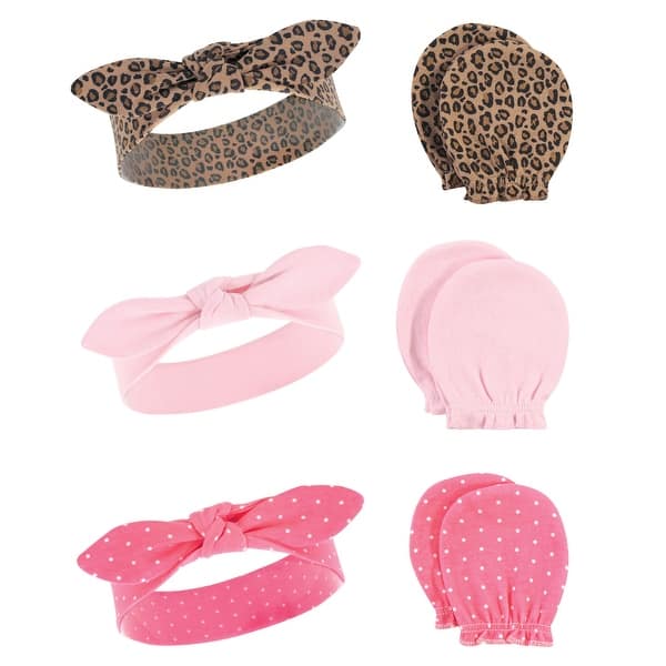 slide 1 of 1, Hudson Baby Infant Girl Cotton Headband and Scratch Mitten 6pc Set, Leopard, 0-6 Months - Leopard Leopard - 0-6 Months