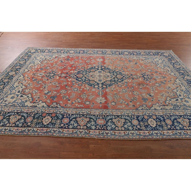 Distressed Kashan Persian Antique Area Rug Handmade Wool Carpet - 7'2"x 10'0"