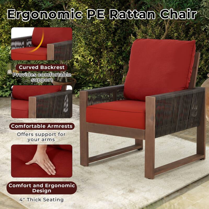 Outdoor 4-Piece Sofa Set with Coffee Table, PE Wicker & Cedar Wood Patio Furniture, Garden Conversation Set with Thick Cushions