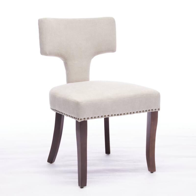 Modern Dining Chairs Set of 2, Linen Fabric Upholstered Accent Chair Curved Backrest with Copper Nails Around