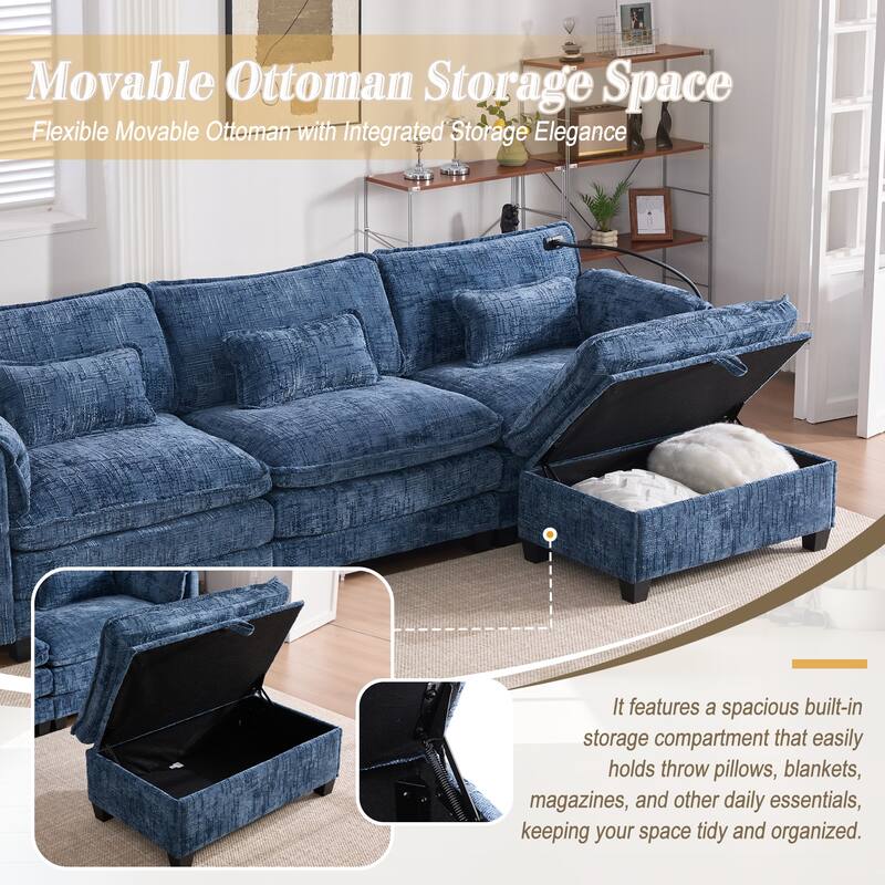Modern Chenille Chaise Couch L-shaped Sectional Sofa with Storage Ottoman, Phone Holder, USB/Type-C Ports and Side Pockets