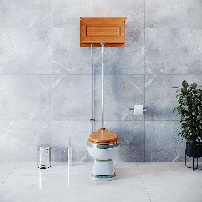 High Tank Pull Chain Toilet Light Oak Wooden Raised Tank 59" to 74" Chrome Z Pipe and Elongated White Bowl Renovators Supply