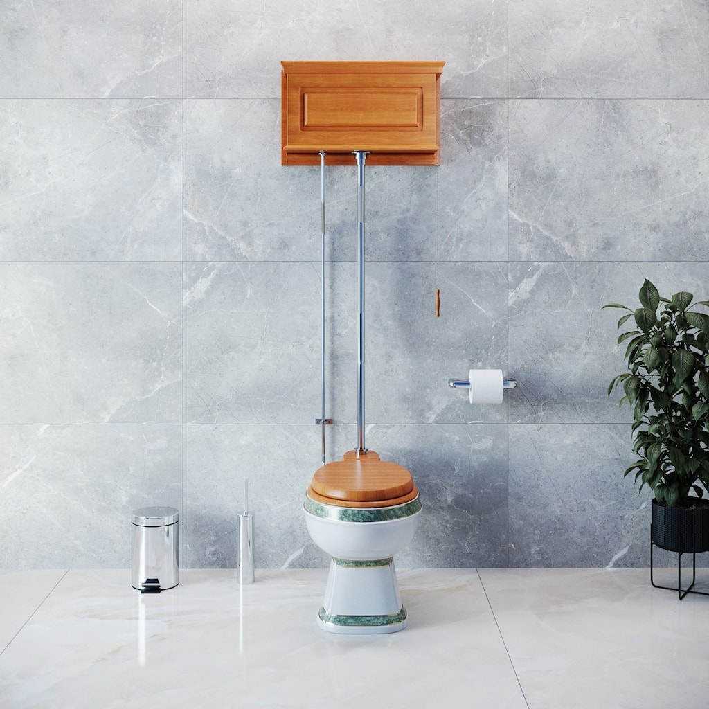 High Tank Pull Chain Toilet Light Oak Wooden Raised Tank 59" to 74" Chrome Z Pipe and Elongated White Bowl Renovators Supply