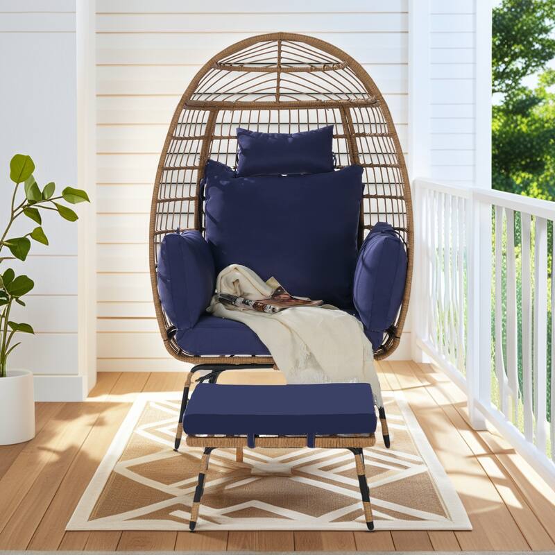 Luxury All-Weather Egg Chair with Ottoman, Oversized Rattan Hanging Chair for Patio, Balcony & Backyard - DarkBlue