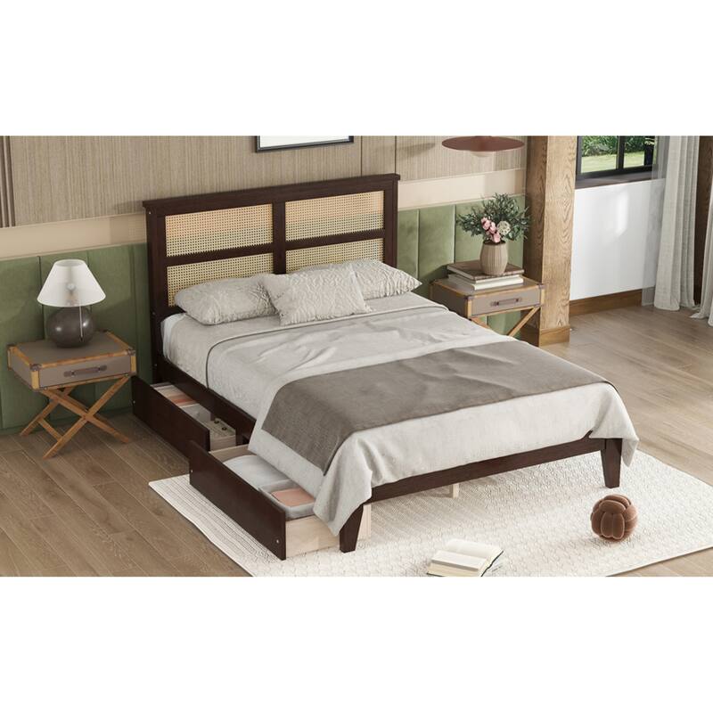 Roomfitters Full Rubber Wood Bed with Rattan Headboard, Underbed Storage Design, Reinforced Slats and Support Feet