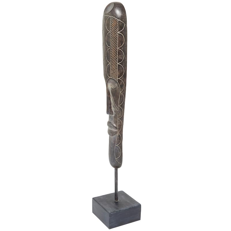 Polystone Mask Slim African Tribal Sculpture with Cream Geometric Carvings - Brown - Roche River Decor - 4"W x 4"L x 24"H