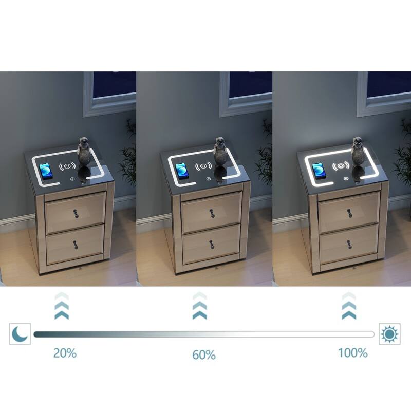 Nightstand Mirror Glass Top with Wireless Charging Station LED Light