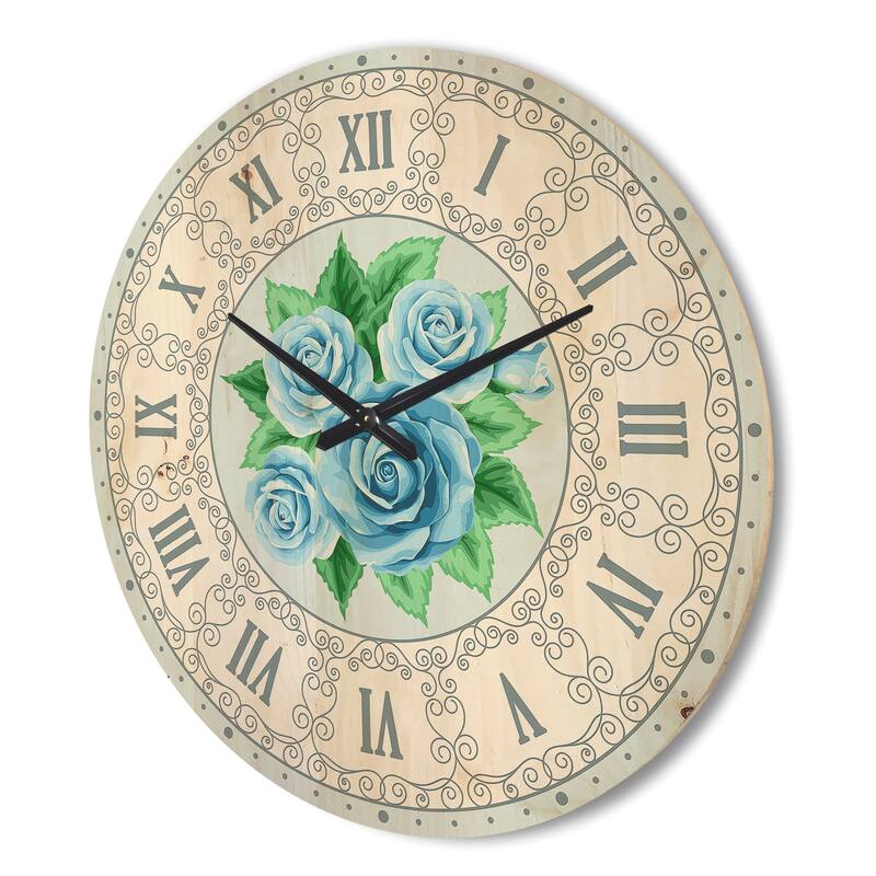 Designart 'Blue Roses Shabby Chic Vintage' Modern Wood Wall Clock Bed