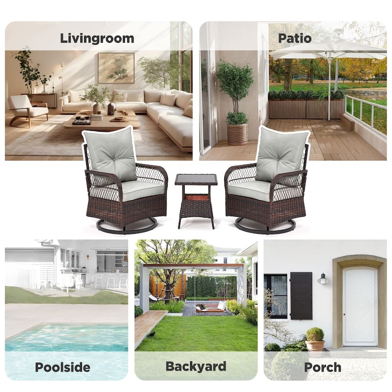 3-Piece Outdoor Rocking/Swivel Chair Set - PE Rattan Patio Furniture with Cushions & Coffee Table, Rocker Chairs for Backyard
