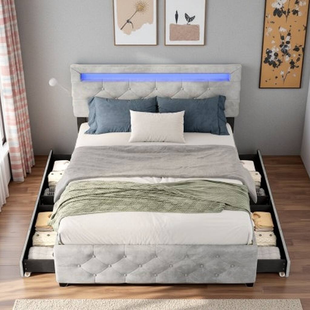 Queen Size Velvet Upholstered Storage Bed Frame with 4 Drawers, LED Light Headboard, Adjustable Height and Sturdy Support