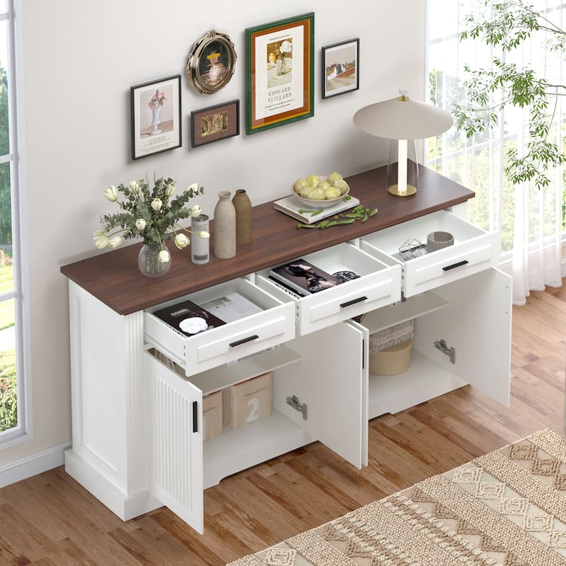 63" Fluted Farmhouse Credenza - Multi-Functional Storage Unit with Coffee Bar Top, 4 Cabinet Doors & 3 Organizational Drawers‌