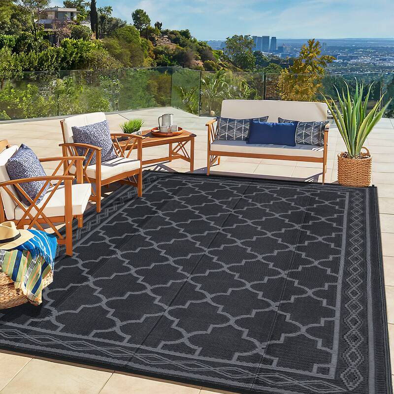 Outdoor Rug Waterproof Reversible Rug Outside Plastic Carpet, Stain & UV Resistant Portable RV Rug - 9'x18' - Black Gray
