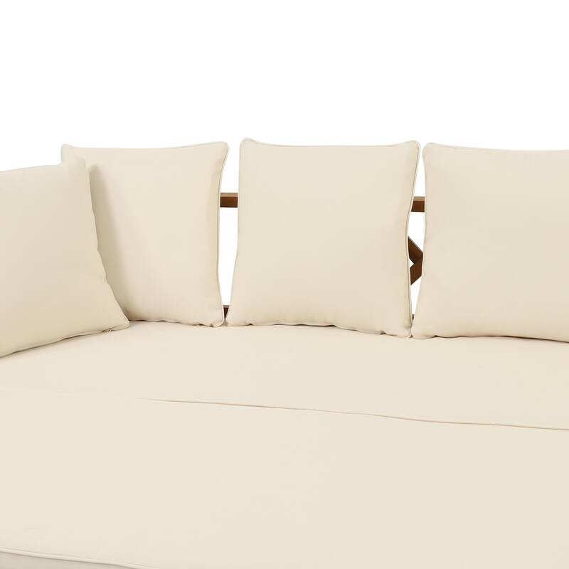 Outdoor Extendable Acacia Wood 3 Seater Sofa, Upholstered Cushion Couch, Daybed Sofa Chair, Spacious Seating Lounge Chair