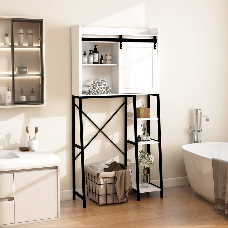 Bathroom Over The Toilet Storage Cabinet With Sliding Barn and Shelves