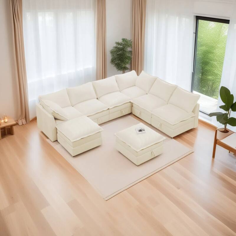 Versatile 8-Piece Modular Sofa Bed with Under-Seat Storage & Movable Ottomans - Beige