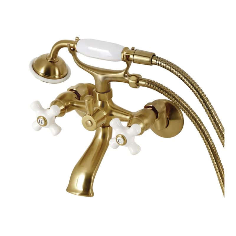Kingston Brass Tub Wall Mount Clawfoot Tub Faucet with Hand Shower in Polished Chrome - Brushed Brass