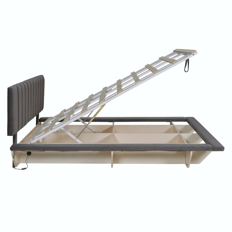 Queen Size Upholstered Floating Bed with LED Light and USB Port