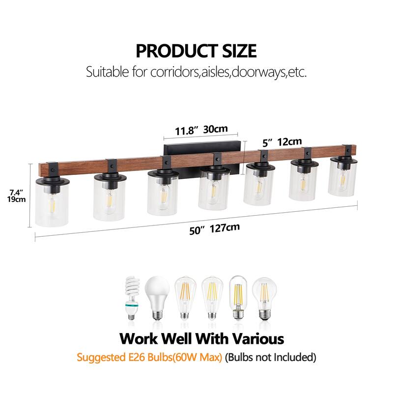 50" Rustic 7-Light Vanity Light, Industrial Bathroom Wall Sconce with Glass Shades and Wood Accent(No Bulbs) - Walnut