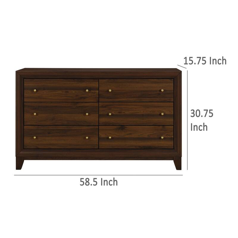 Yels Wide Dresser with 6 Drawers, Gold Metal Knobs, Walnut Brown