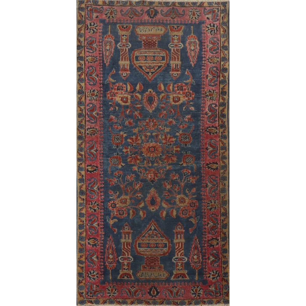 Hand Knotted Oriental 100% Wool Carpet Traditional Floral Navy Blue & Blues Kashan Area Rug - 5' 11'' X 2' 7''