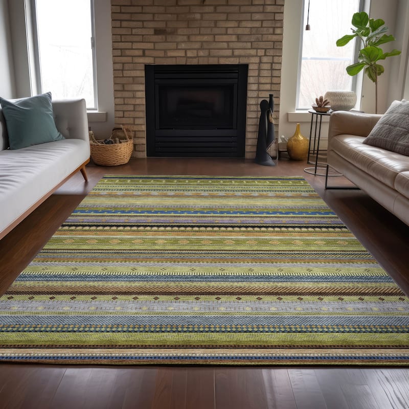 Machine Washable Indoor/Outdoor Boho Stripes Chantille Rug