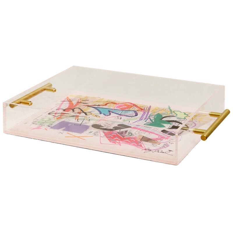 Harp & Finial Songbook II Acrylic Tray- Large - Abstract Print On Acrylic With Gold Handles - Gold
