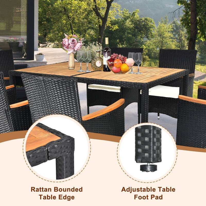 Outdoor 7-Piece Wicker and Acacia Wood Dining Set with Beige Cushion