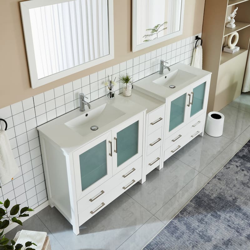Vanity Art 84" Double Sink Bathroom Vanity Set 7 Dove-Tailed Drawers, 3 Cabinets, 2 Shelves, Soft-Closing Doors with Free Mirror