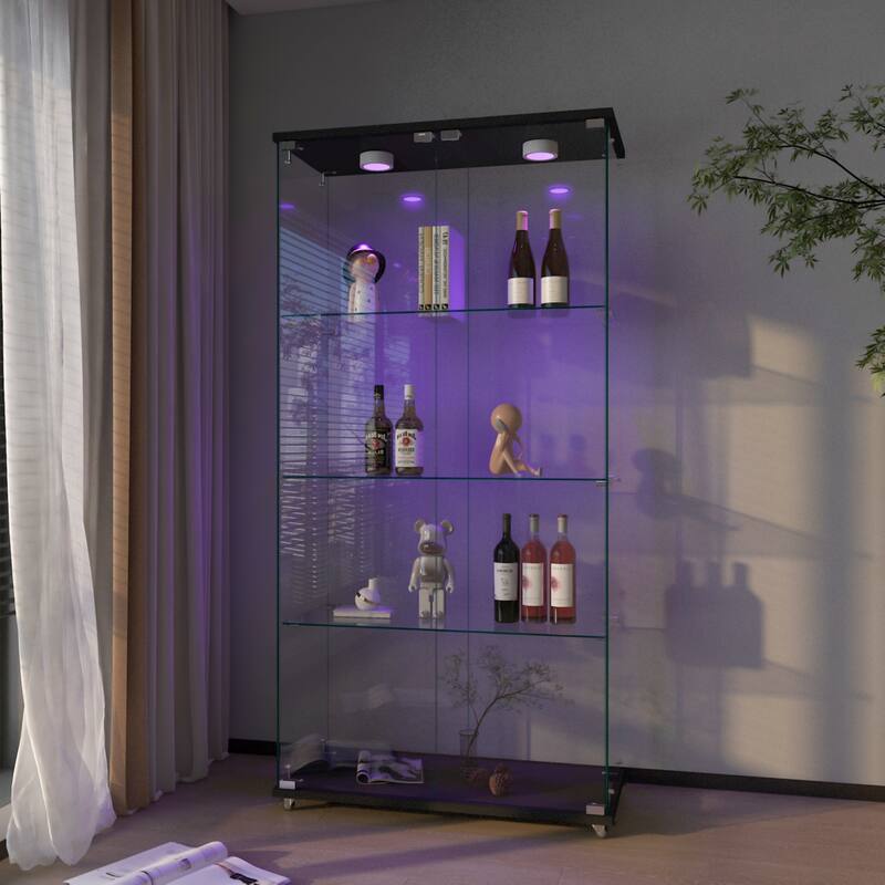 Modern Glass Display Cabinet with LED lights, Quick-assembly Antique Cabinet, Tempered Glass Bookshelf