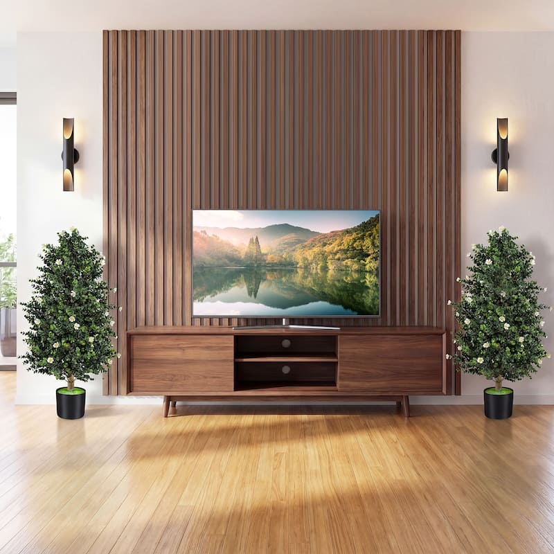 Gymax 2 Pack 36'' Artificial Topiary Cone Tree w/49 Flowers