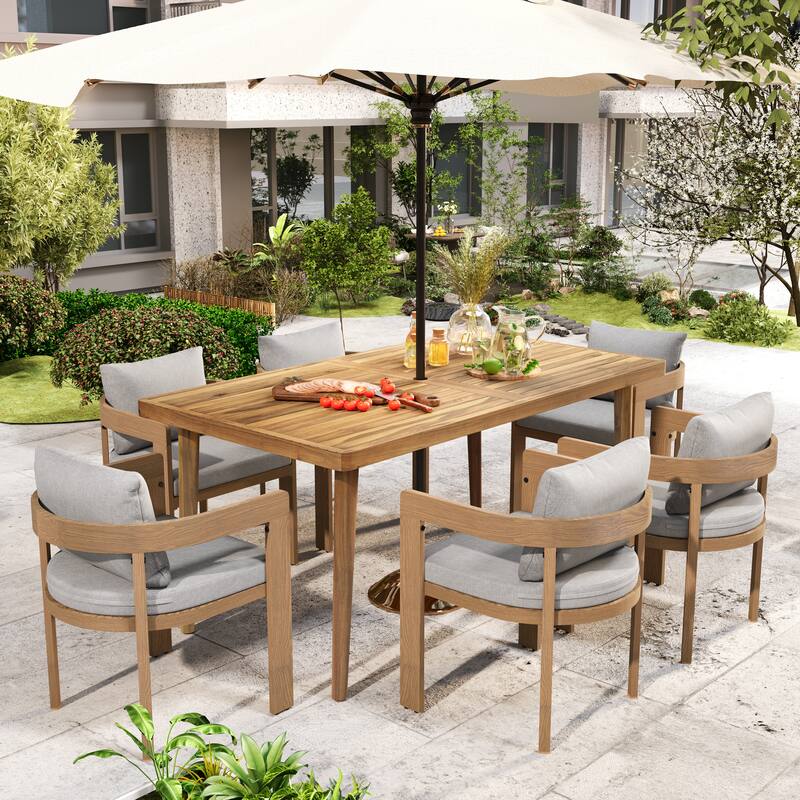 Roomfitters 7 Pcs Outdoor Dining Set, Modern Patio Furniture Set, Wooden Table & 6 Chairs with Cushions - Grey