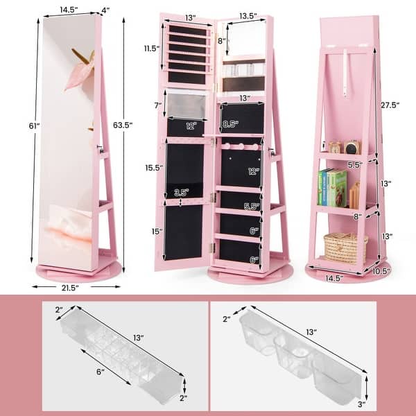 dimension image slide 7 of 8, 360° Rotating Mirrored Jewelry Cabinet Armoire 3 Color LED Modes Lockable - 21.5" x 21.5" x 63.5" (L x W x H)
