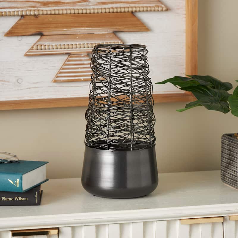 Black Metal Intertwined Wire Abstract Vase with Solid Matte Base - Black - 7" x 7" x 14"