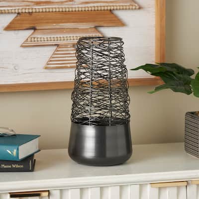 Black Metal Intertwined Wire Abstract Vase with Solid Matte Base