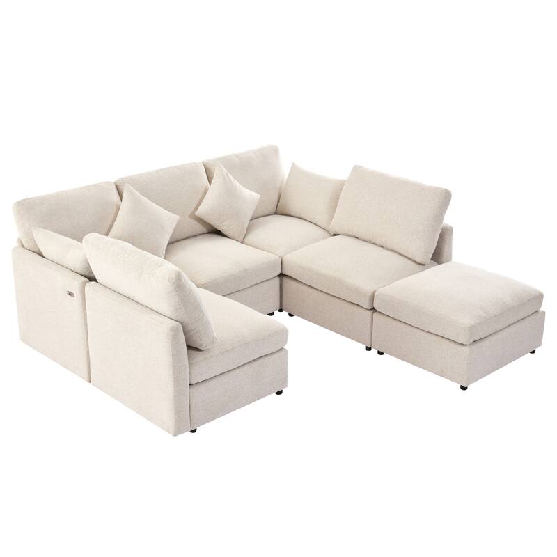 L-Shaped Modular Sectional Sofa Convertible U-Shaped Sofa Bed with Movable Ottoman and 2 USB Ports, 2 Pillows, Chenille 5 Seat