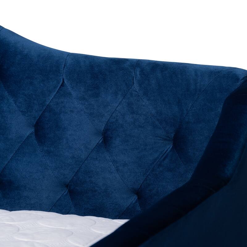 Full Size Daybed with Trundle - Navy Blue Velvet Upholstered Modern Design - Space Saving Furniture