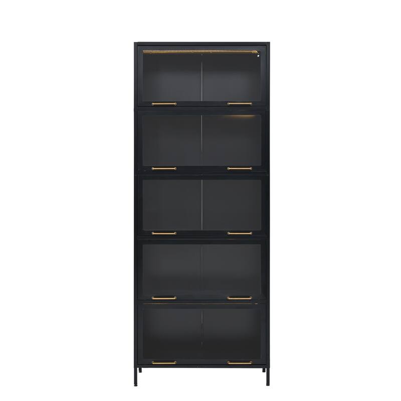 78.75'' Display Cabinet w/LED Lights, 5-Tier Tall Bookshelf with Glass Doors Bookshelves Bookcase