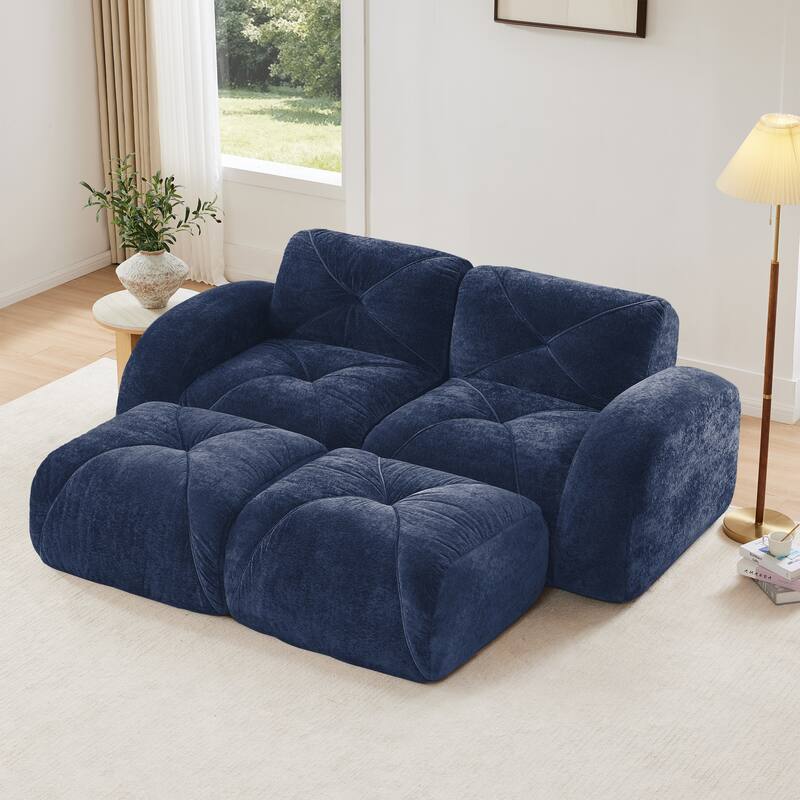 Velvet Tufted Loveseat Sofa Modular Couch, Boneless Deep Seat 2-Seater Couch, Available with/without Ottoman - Blue - 2 Seat+2 Ottoman