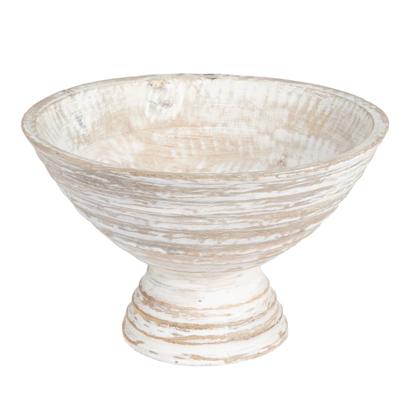 Round Mango Wood Footed Bowl - White