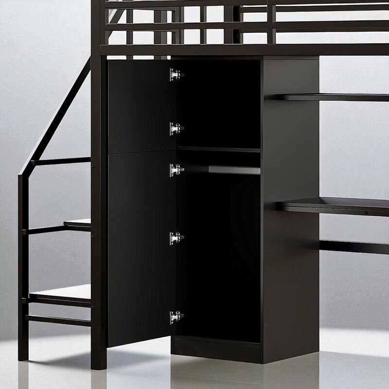 Metal Twin Loft Bed with Desk, Wardrobe, Shelf, and Storage Staircase, No Box Spring Needed