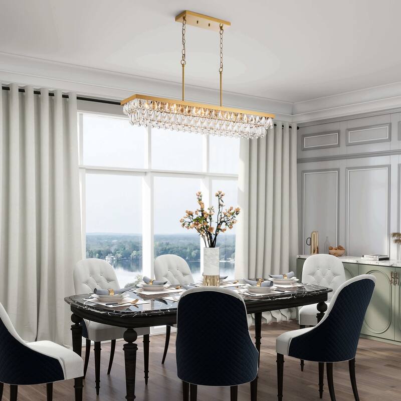Anya Brushed Brass 8-Light Teardrop Rectangle Larger Chandelier - 39.4 inches L x 10 inches W x 17.3 inches H