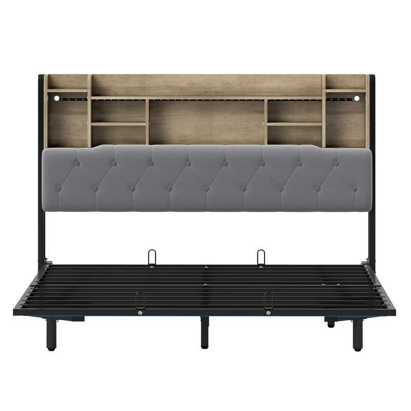 Moasis Floating Bed Frame Upholstered Platform Bed with RGB LED Lights Headboard Storage and Charging Station