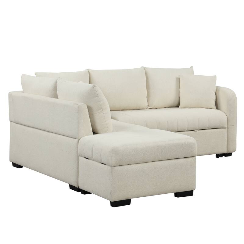 Beige 82.6" L-Shaped 5-Seat Sleeper Sofa with Pull-Out Bed, Storage Ottoman, USB Ports, and Power Outlets