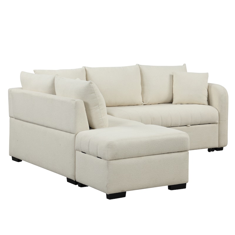 Beige 82.6" L-Shaped 5-Seater Sleeper Sofa with Pull-Out Bed, Storage Ottoman, USB Ports, and Power Outlets