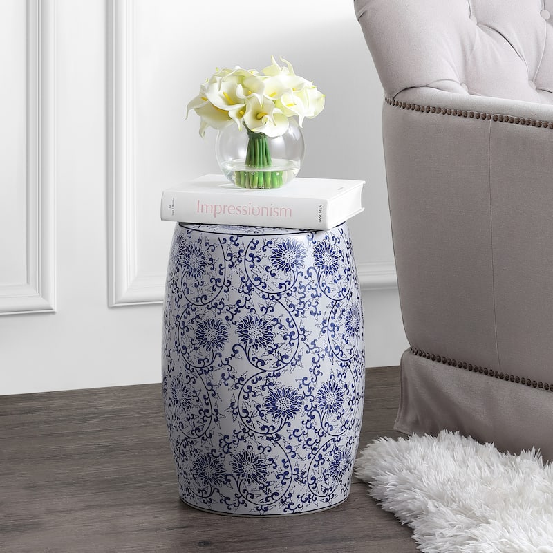 Lotus Blossom 17.5" Chinoiserie Ceramic Drum Garden Stool, Blue/White