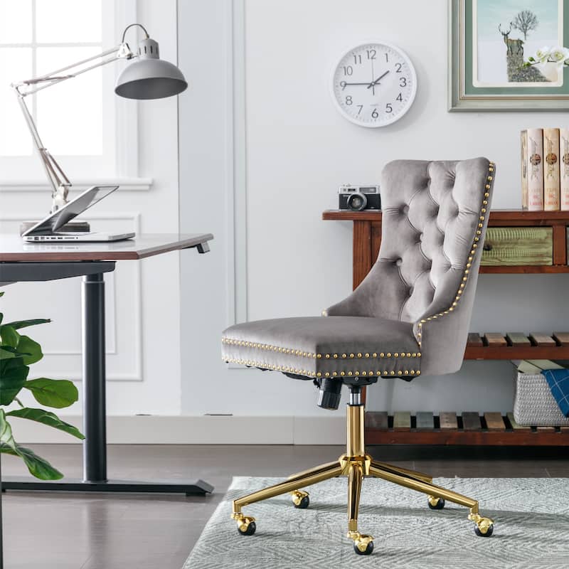 GDF Studio - Modern Velvet Tufted Upholstered Office Chair with Golden Metal Base with Nailhead Trim and Triple-Elastic Cushion
